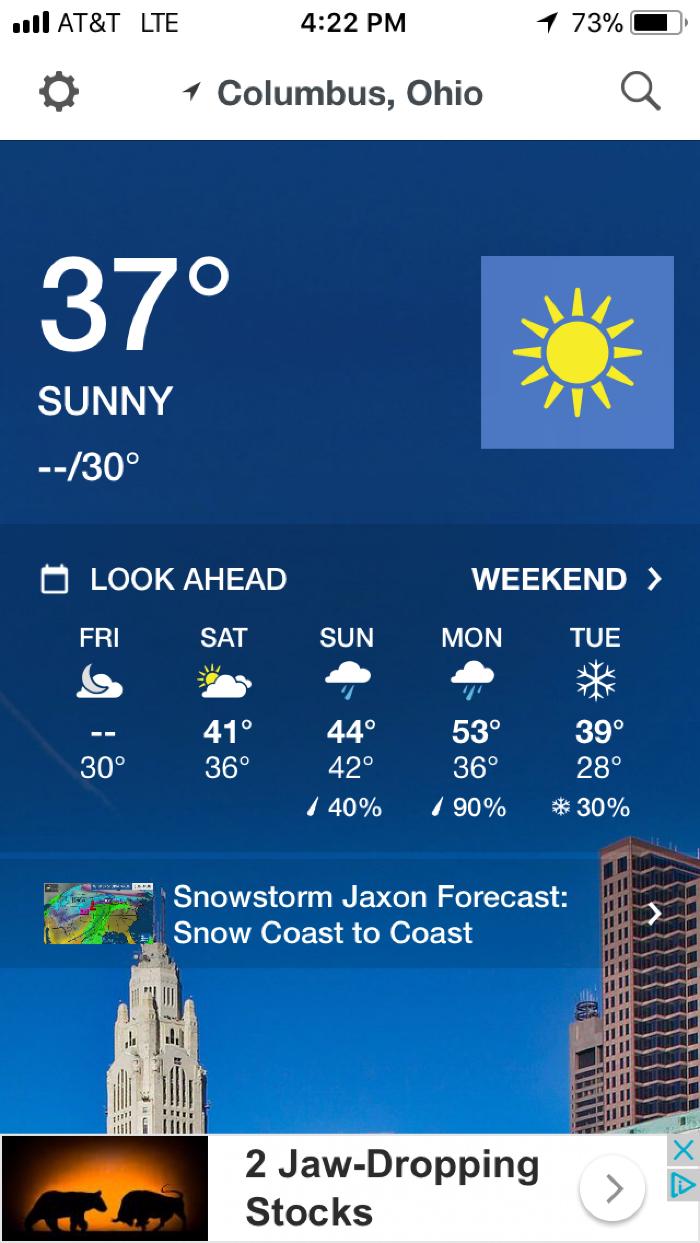 Screenshot of weather forecast in Columbus, OH
