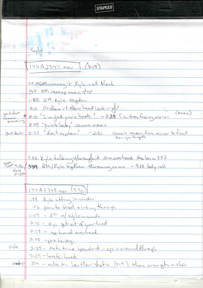 Handwritten notes and cue sheets for No Boundaries documentary